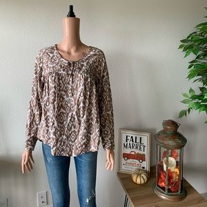 Cynthia Rowley Tie Front Geometric Brown and White Blouse (M)